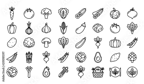 Fotografi Vegetables and organic food outline icon set with farm produce healthy nutrition