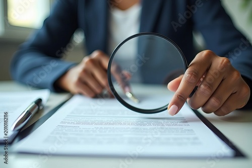 Black Businesswoman Inspecting Contract Form with Magnifying Glass in Corporate Office Setting