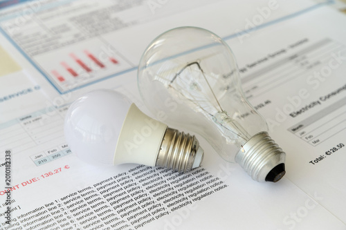 Two light bulbs rest on a utility bill with payment details and charts in a home office setting during the day.