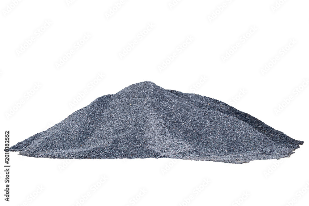 Naklejka premium Large pile, crushed stone gravel isolated on transparent background. Heap of dark grey rock pebbles for construction, road building,landscaping material. Industrial aggregate mineral resource.