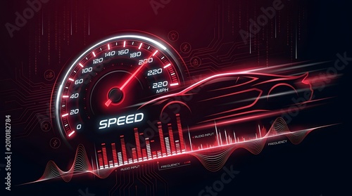 Speed Dashboard and Car Outline with Glowing Digital Technology