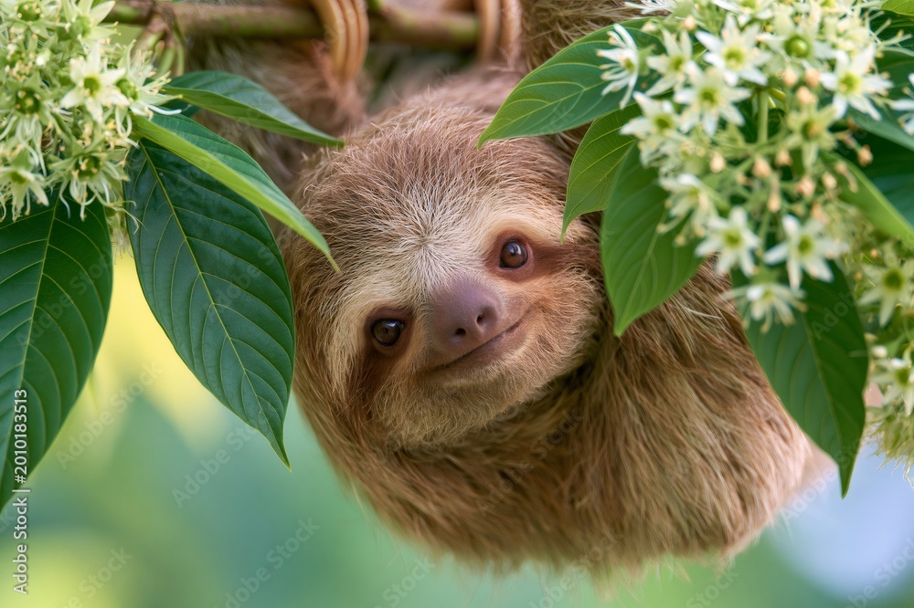Fototapeta premium Three toed sloth hanging from branch with tropical flowers
