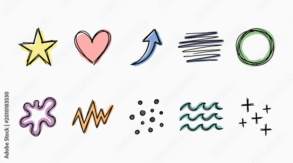 Fototapeta premium A colorful icon pack of various shapes and symbols on a white background for design.