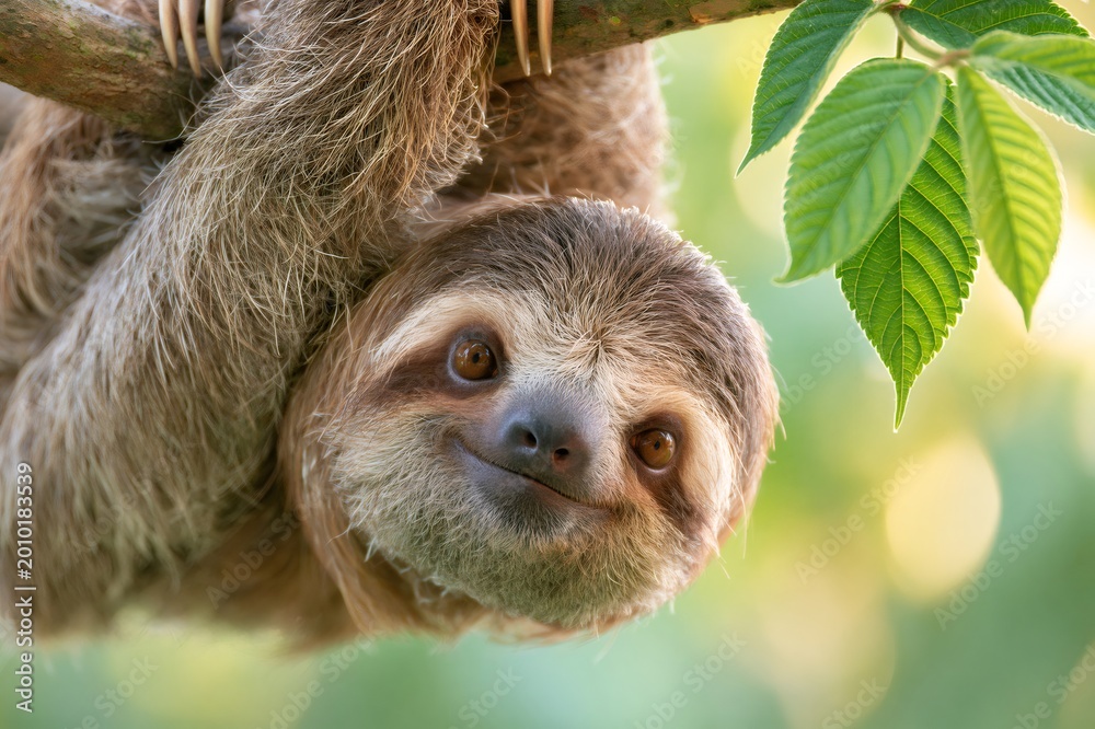 Fototapeta premium Sloth smiling while hanging upside down in rainforest