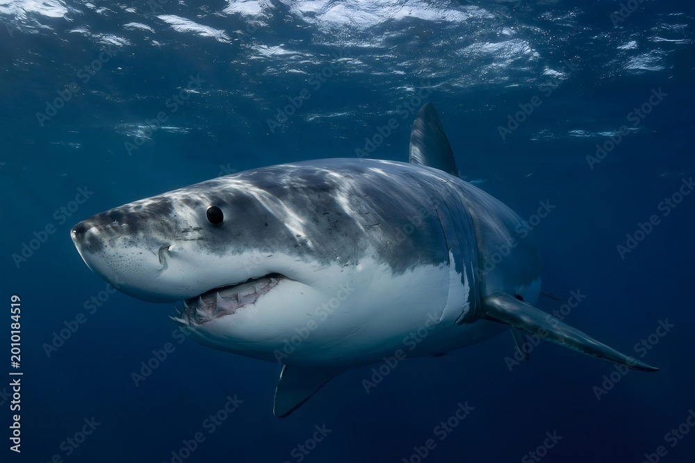 Fototapeta premium Great white shark swimming in deep blue ocean