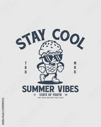 Cool ice cream character with sunglasses and summer vibes text.
