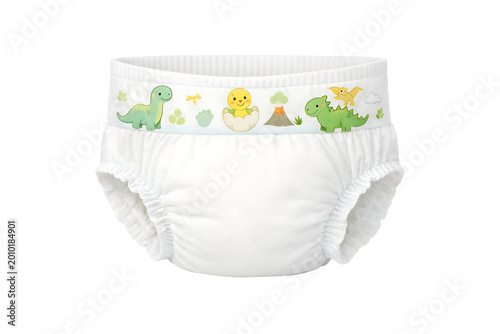 Disposable Baby Diaper with Cute Dinosaur Illustration Isolated on Transparent Background Infant Hygiene Product Mockup
