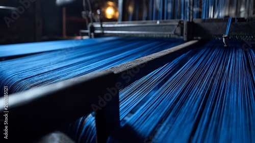 Close-up of blue threads on a large industrial loom in a textile factory.