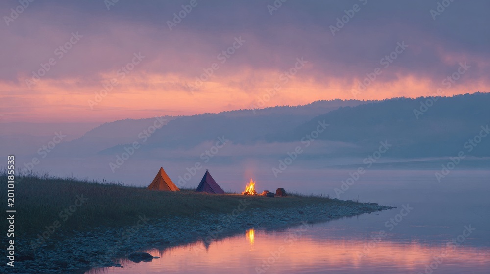 Fototapeta premium Camping By A Serene Lake At Sunset With Tents And Campfire. Tranquil Outdoor Adventure In Nature