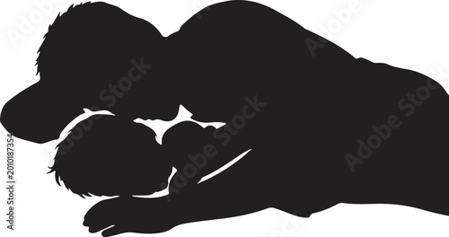 Fotografie Father and child sleeping together, black silhouette