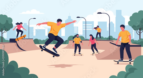 Group of active teenagers and young adults practicing tricks and skateboarding at a modern outdoor urban skatepark with ramps.