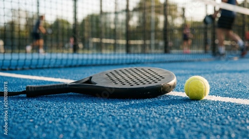 photo of racket and padel ball on the field, viral sport made by AI generative