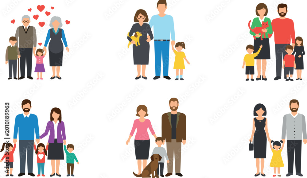 Fototapeta premium Family Illustrations Featuring Parents, Children, and Pets in Various Poses and Situations for Family and Parenting Themes