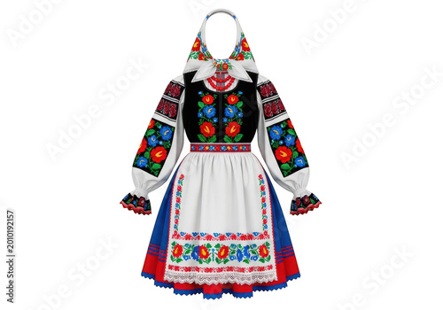 Traditional embroidered folk dress with intricate patterns and lace detailing isolated on transparent background