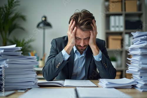 Exhausted Accountant Businessman Feeling Overwhelmed at Desk with Headache and paperwork Everywhere