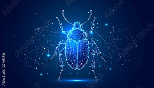 Digital rendering of a beetle, formed by interconnected lines and dots. The insect is in the center with a dark blue backdrop