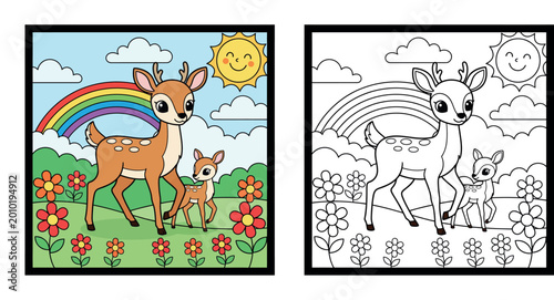 Cute Cartoon Deer Mother and Fawn in Flower Meadow with Rainbow - Nature Scene