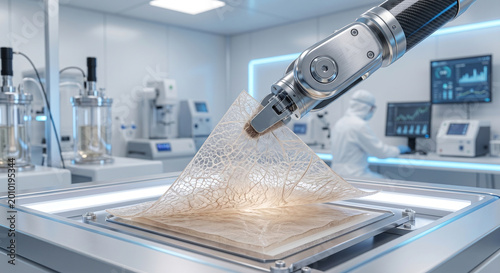 Robotic arm handling delicate organic biological tissue membrane in futuristic medical research facility.