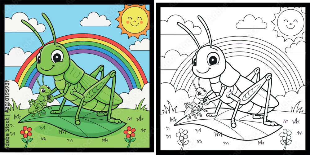 Fototapeta premium Cute Cartoon Grasshopper Family on a Leaf with Rainbow and Sun, Whimsical Children's Illustration of Nature and Insects in a Green Meadow