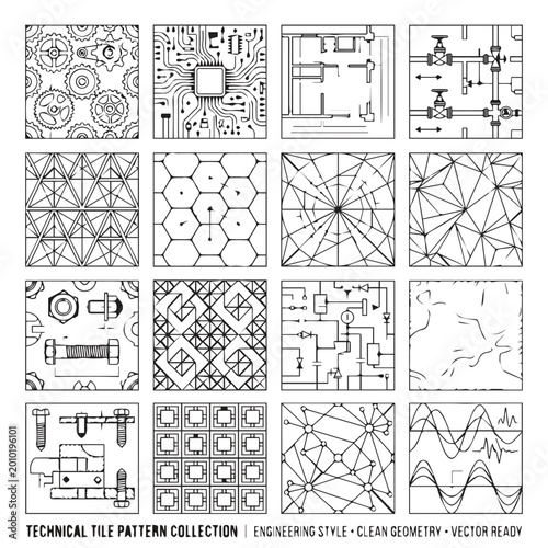 Technical tile pattern collection with engineering and geometric