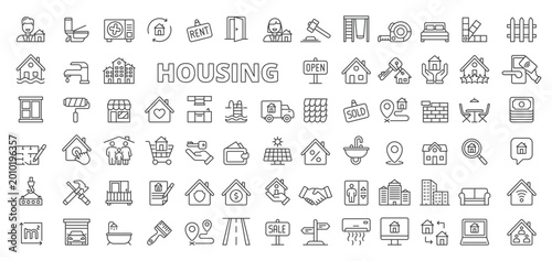 Housing icons in line design. housing, home, house, real estate, building, property, living on white background vector. Housing editable stroke icons