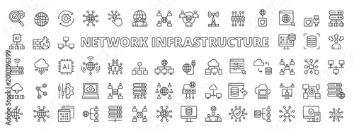 Network Infrastructure icons in line design. network, infrastructure, server, data, connection, system, cloud on white background vector. Network Infrastructure editable stroke icons
