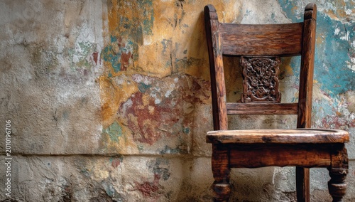 Antique Wooden Chair Against Textured Mural Wall.