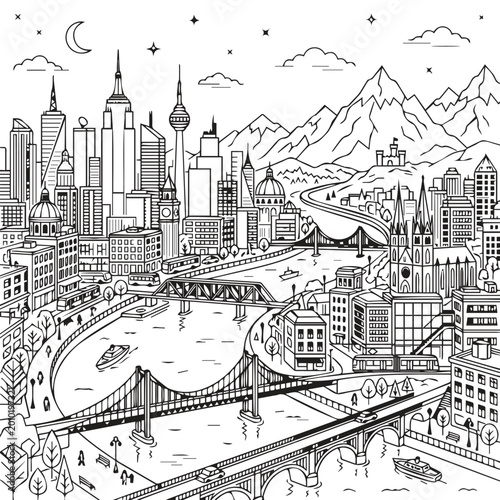 Stylized cityscape with bridges and mountains, black and white