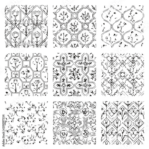 Vintage floral and geometric seamless pattern collection with line art