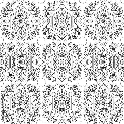 Elegant floral hexagon pattern with leaves black and white line art