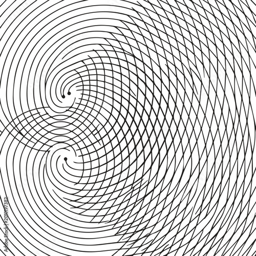 Concentric spiral and line pattern with black and white, line art