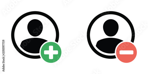 Photos Profile management icons with add plus and remove minus round buttons for social media account user interface