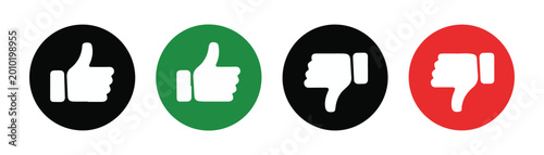 Vászonkép Thumbs up and down icons arranged in circles black green red colors for approval and disapproval voting vector