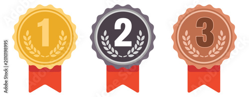 Foto Medal icon set featuring gold silver and bronze awards with red ribbon for winne