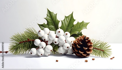Festive holiday arrangement featuring white berries, green holly leaves, pine sprigs, and a brown pinecone, all against a white backdrop