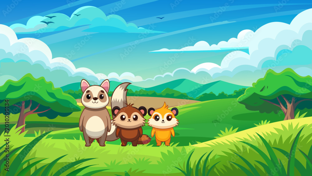 Fototapeta premium vector graphics, bushes, animals, fruits, berries, flowers, beavers, cats, squirrels, bugs, raccoons, chanterelles, frogs, birds, worms, clouds, banner, advertising, juices, children's, cartoon, natur