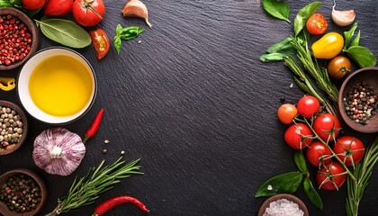 food background top view of olive oil cherry tomato herbs and spices on rustic black slate colorful food ingredients border