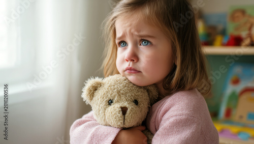 Sad little girl hugging teddy bear near window, emotional child portrait with soft light and feeling of loneliness and comfort
