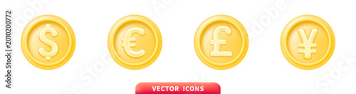 Foto Golden currency coins set with dollar euro pound yen symbols, realistic 3d metal