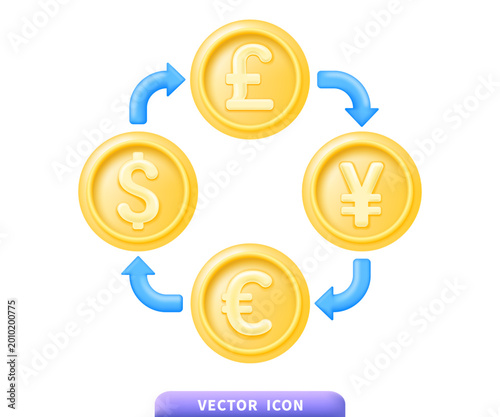 Photography Currency exchange cycle illustration with gold coins showing pound sterling, yen