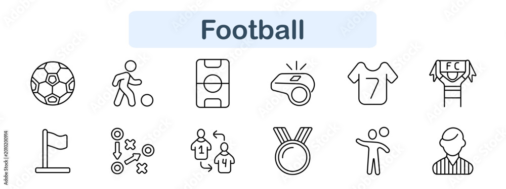 Fototapeta premium Football set icon. Ball, player figure, field layout, whistle, jersey number, tactics board, flag, medal, coach figure, strategy elements, sport match objects, game activity line icons