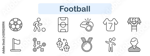 Football set icon. Ball, player figure, field layout, whistle, jersey number, tactics board, flag, medal, coach figure, strategy elements, sport match objects, game activity line icons