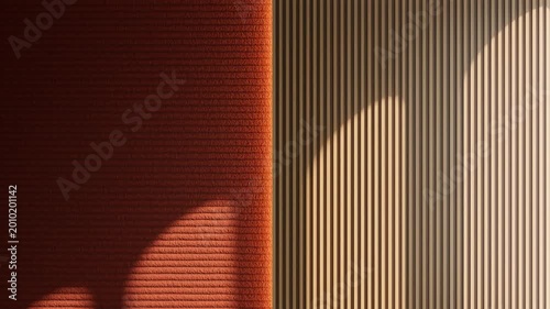 Animated timelapse of sun shadow moving across modern interior wall with wood slats and terracotta horizontal texture.
