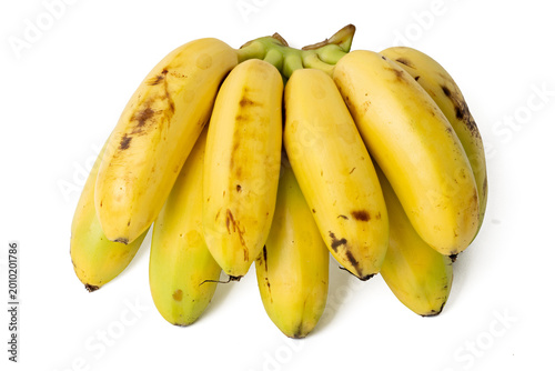 The High-resolution of fresh lady finger banana using stack focus technique on a white background, suitable for editing.