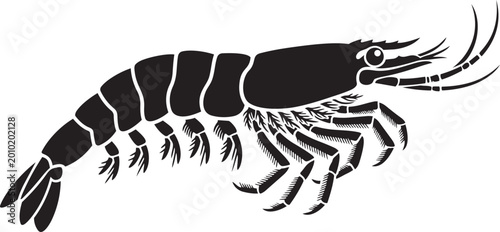 Black silhouette of a shrimp a marine crustacean vector illustration for seafood menus culinary concepts and ocean life themes