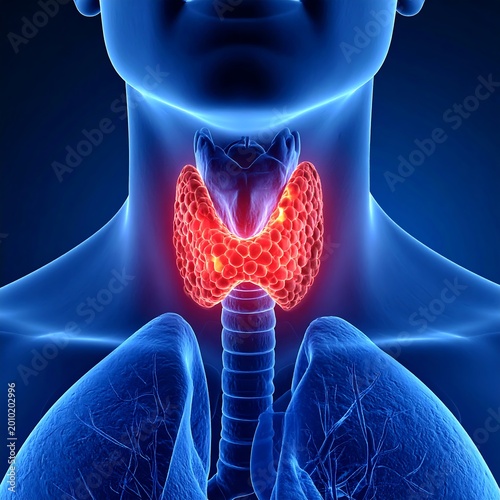 Human Thyroid Gland 3d Medical Illustration With Red Glowing Organ In A Blue Anatomical Neck And Throat Area Showing The Larynx And Trachea