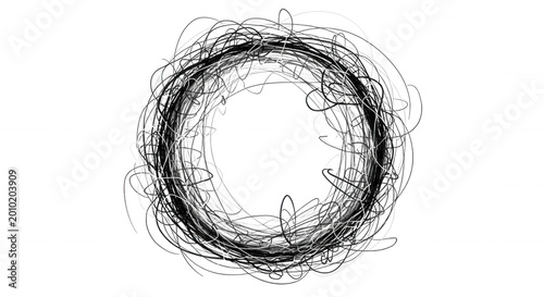 A circular abstract composition of tangled white and grey wire-like lines forming a chaotic nest shape against a solid black background