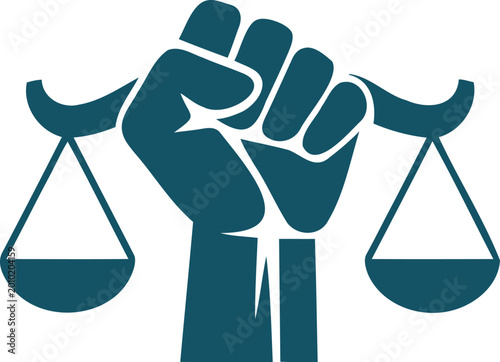 Photos Teal fist holding scales of justice symbolizing fairness and equality in law and