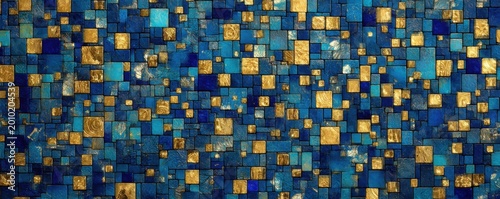 Abstract mosaic of blue and gold squares creating a vibrant, textured background.