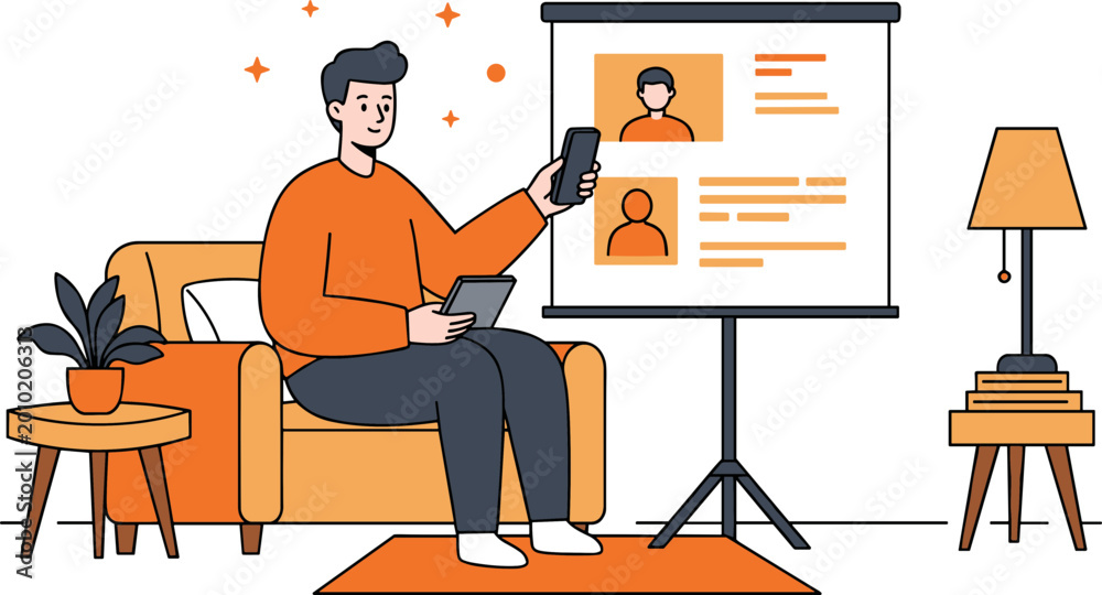 Fototapeta premium Man sitting on a couch holding a smartphone while viewing a presentation on an easel with profile illustrations in a bright and cozy living room setting